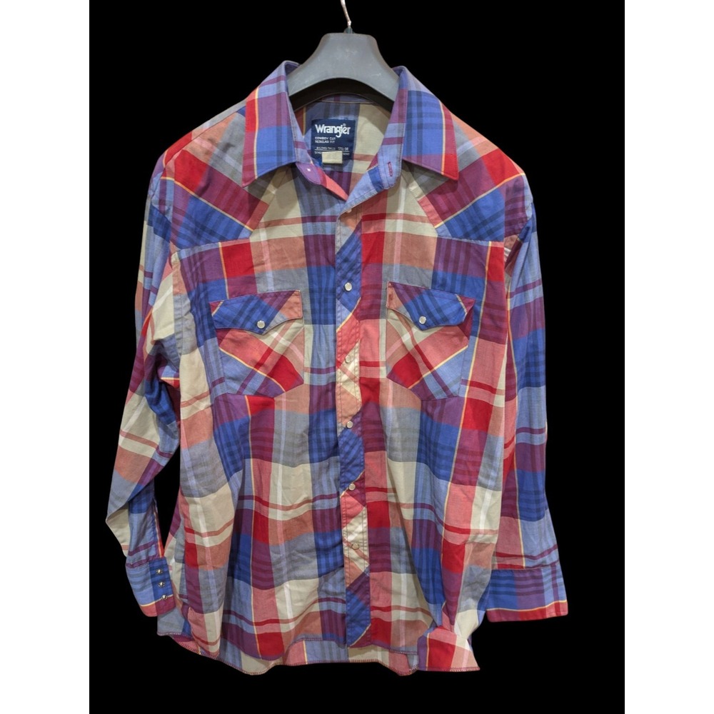 Vintage Wrangler Plaid Hippie Shirt XL 17.5‎ X 34 (XL+) Western X Long Tails